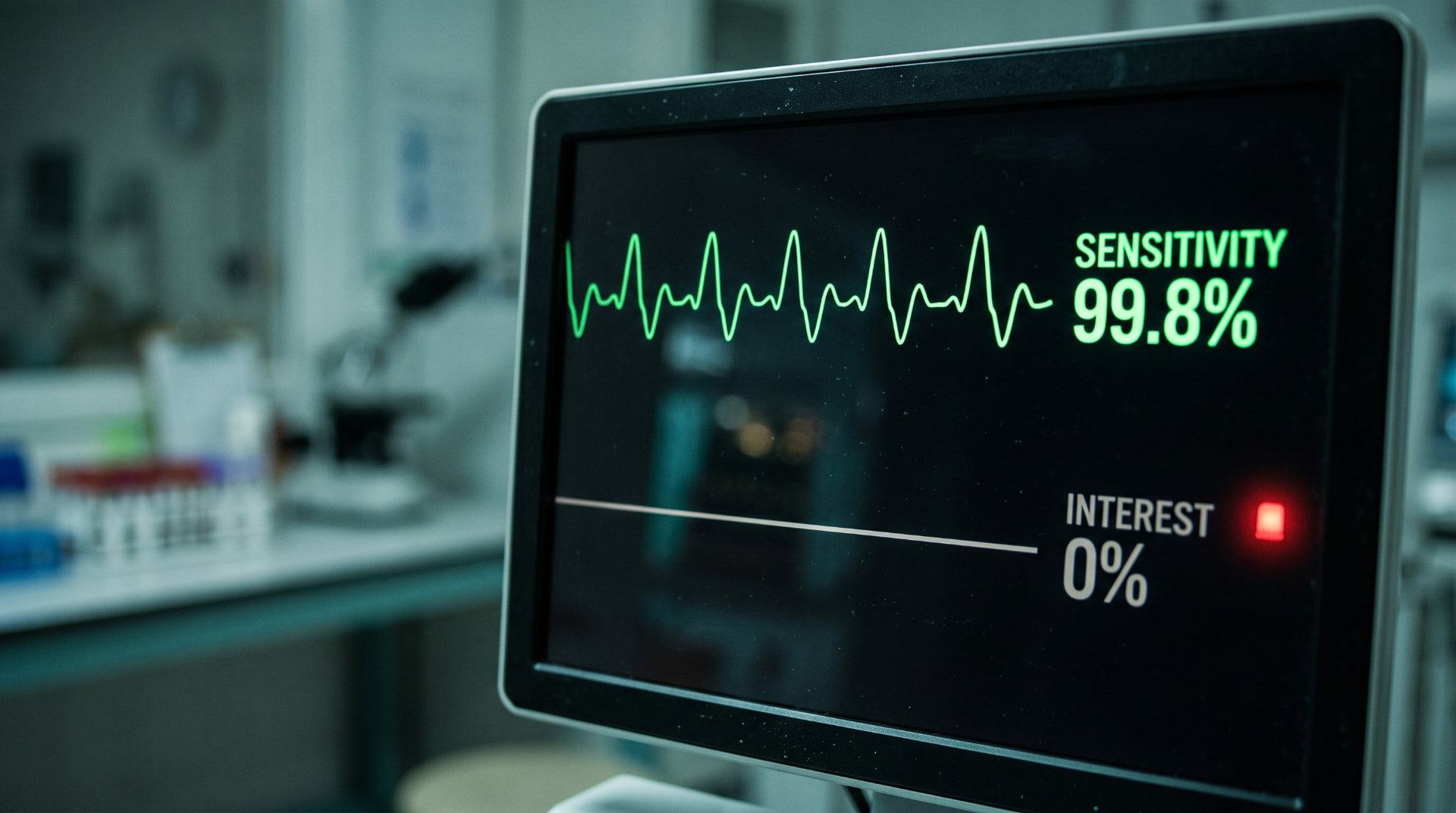 A laboratory monitor showing sensitivity of 99.8% and interest of 0%.